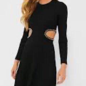 Moon River Black Long Sleeve Dress with Pearl Details